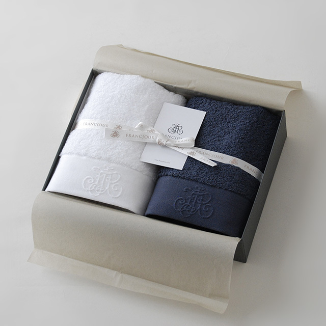 モノグラム フェイスタオル2枚セット / ブラン(白)/ブルーマリーヌ