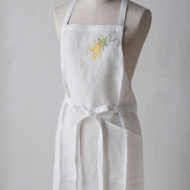 ミモザ刺繍エプロン斜め付け/ブラン (3010202M)